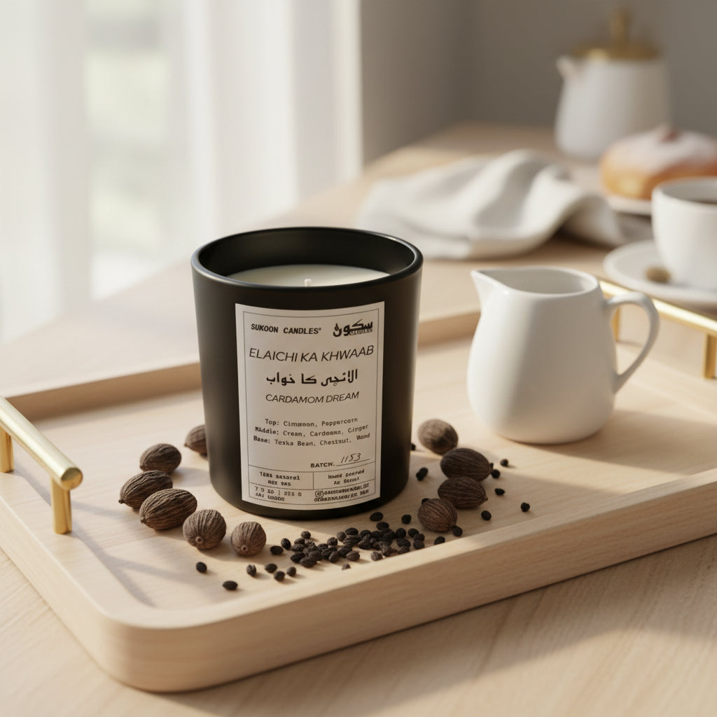 Candle in a black container with a label on a wooden surface